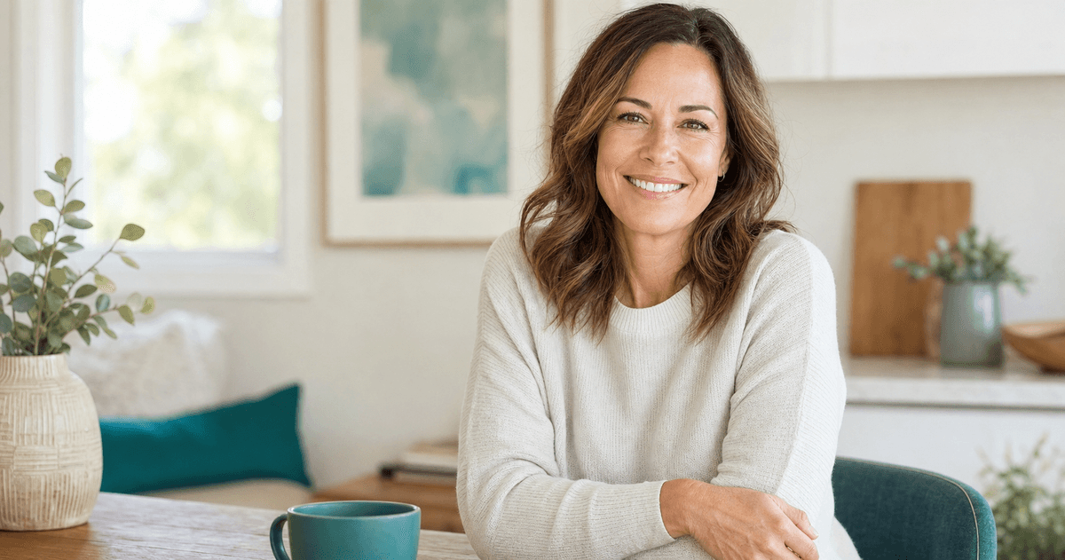 Confident woman smiling in a bright home setting — representing informed, evidence-based health decisions